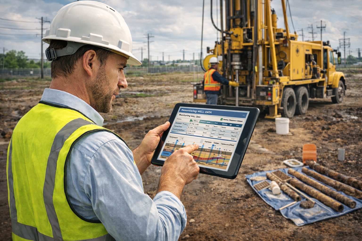 Environmental site assessor reviewing soil and groundwater data on a tablet during a Phase II Environmental Site Assessment drilling investigation with a drilling rig and soil core samples.
