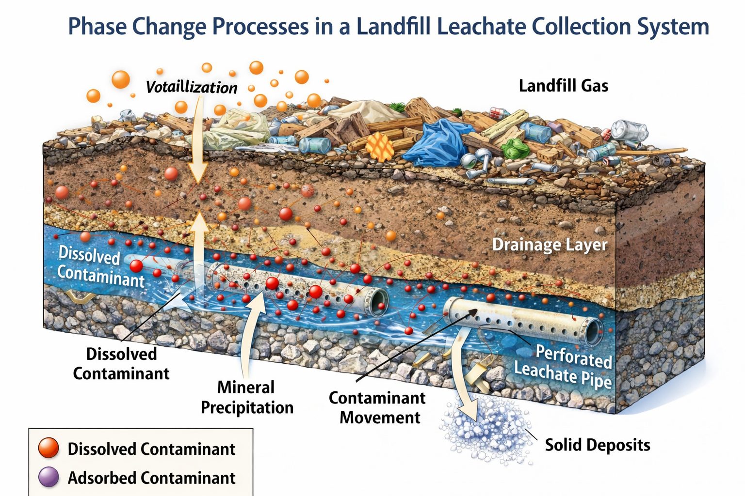 Phase change processes in landfill leachate collection system showing volatilization and mineral precipitation.
