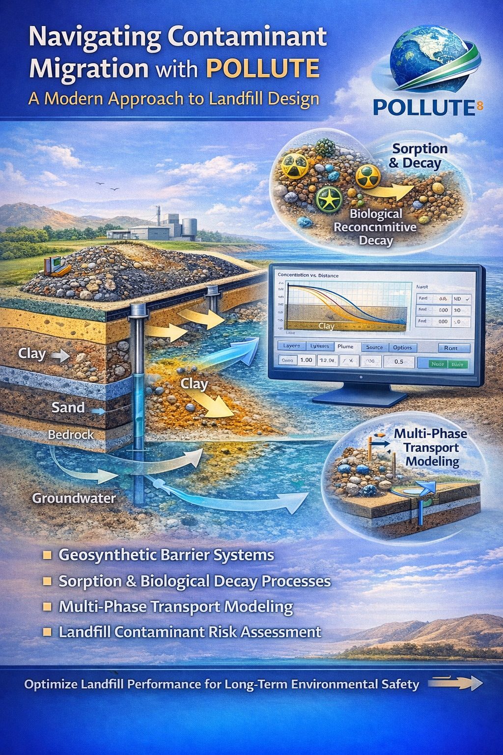 POLLUTE contaminant transport modeling software illustrating landfill design, groundwater plume migration, sorption and decay processes, and multiphase transport modeling.