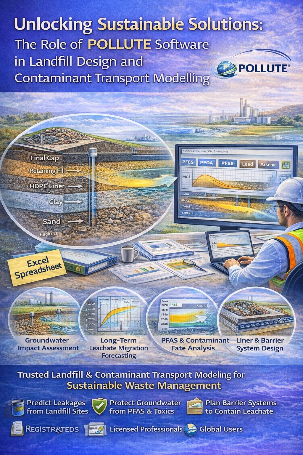 POLLUTE contaminant transport modeling software used for landfill design, groundwater impact assessment, PFAS fate analysis, and leachate migration forecasting.
