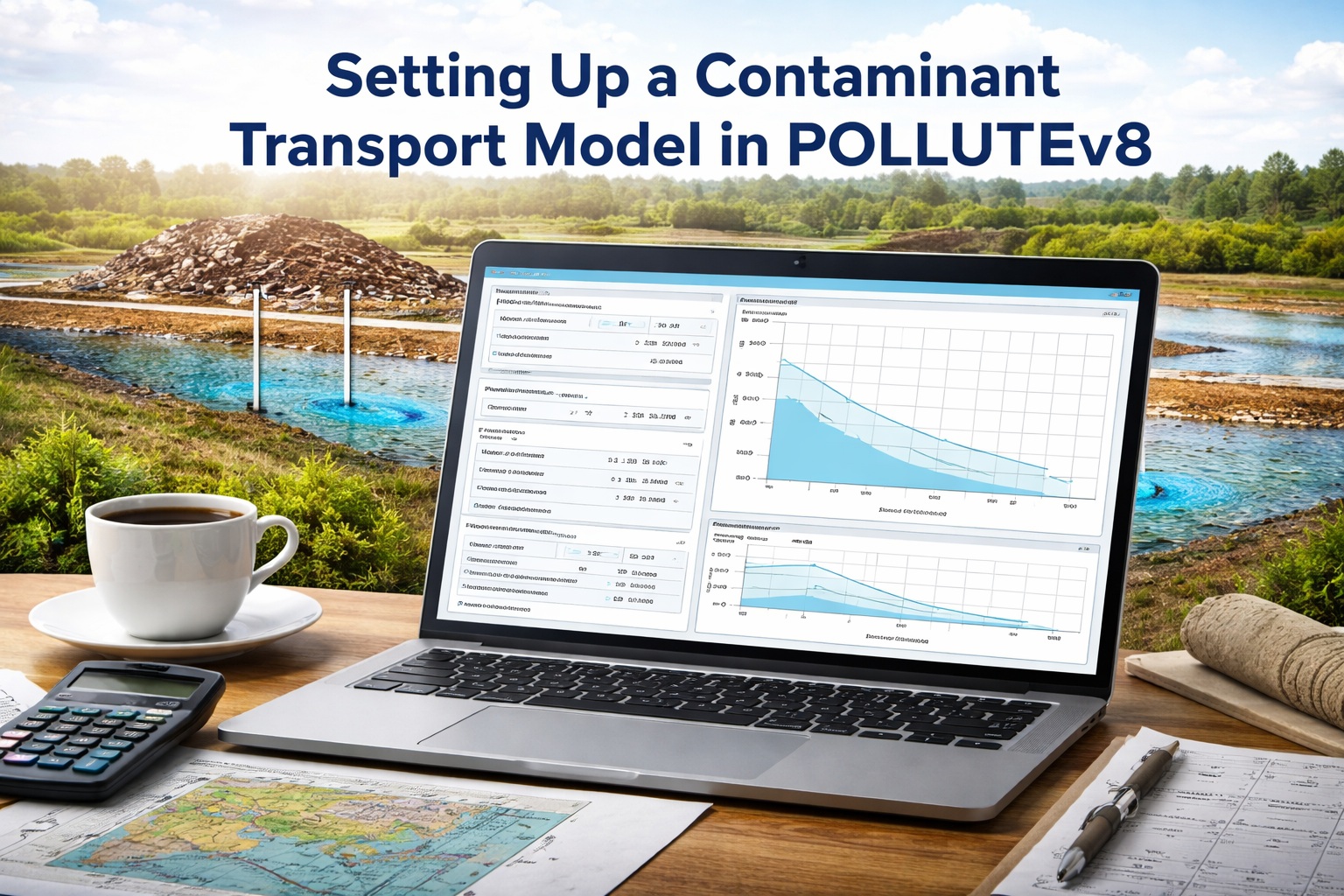 Setting up a contaminant transport model in POLLUTEv8 showing groundwater plume simulation and concentration graphs on a laptop