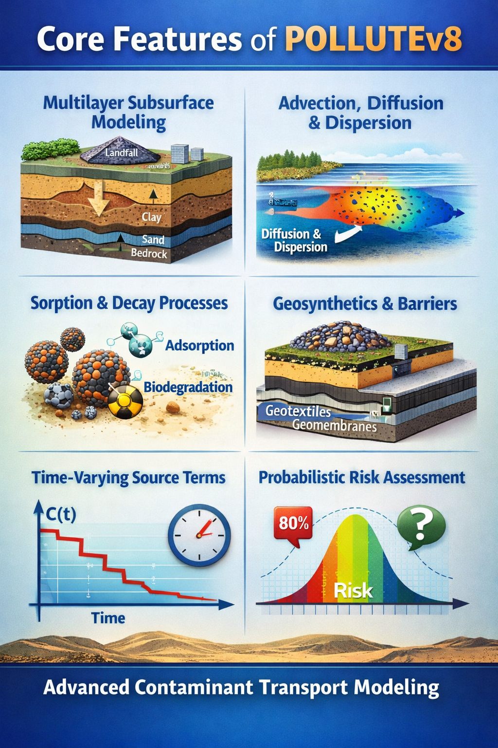 Core features of POLLUTEv8 showing multilayer subsurface modeling, advection diffusion dispersion, sorption decay, geosynthetics barriers, time varying source terms, and probabilistic risk assessment.