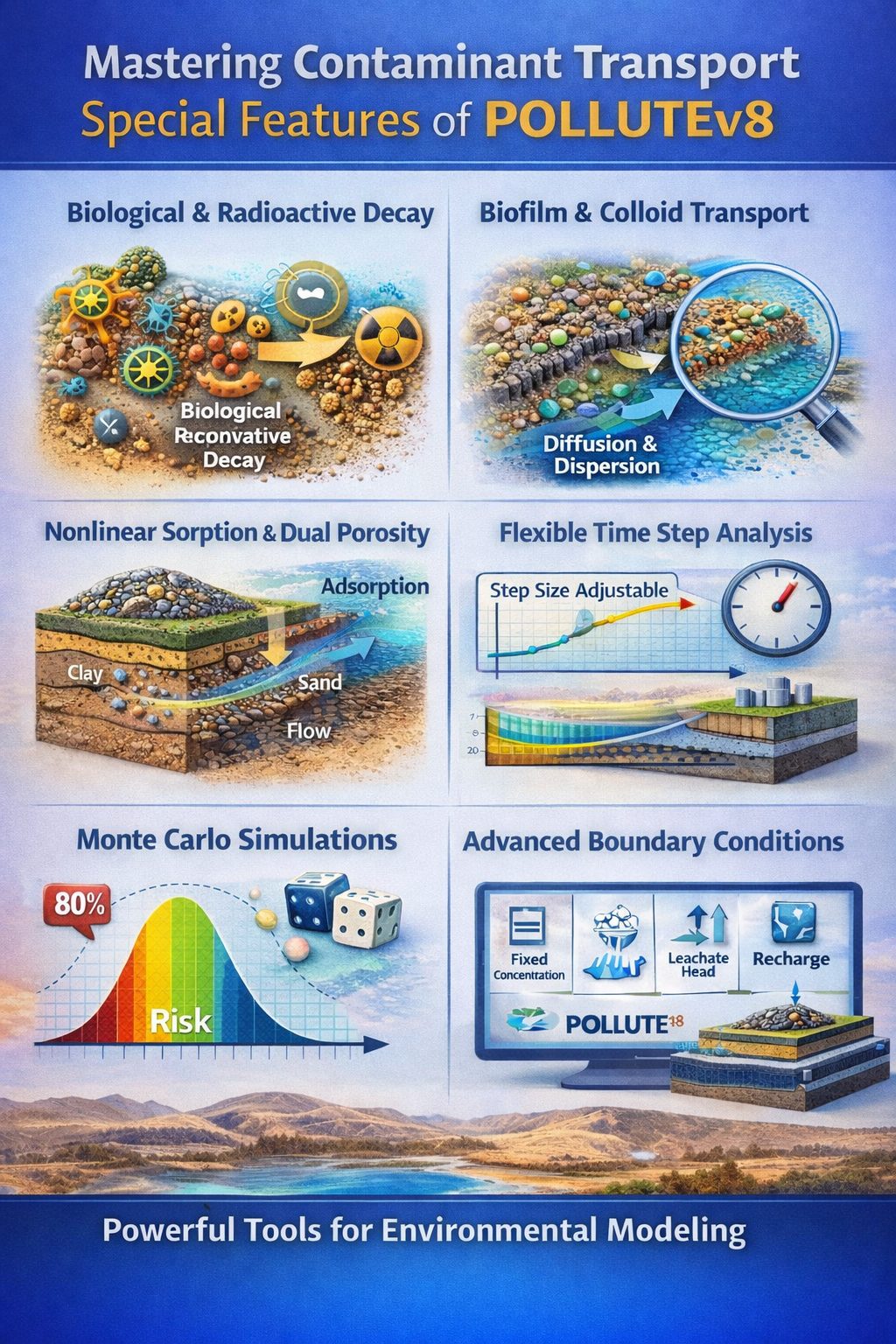 Special features of POLLUTEv8 contaminant transport modeling software including biological and radioactive decay, biofilm transport, nonlinear sorption, Monte Carlo simulations, and advanced boundary conditions.