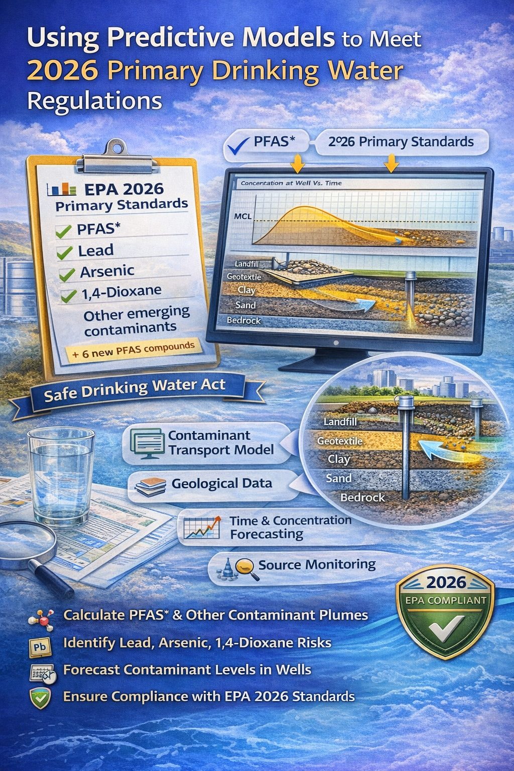 Predictive groundwater contaminant transport modeling used to meet 2026 primary drinking water regulations including PFAS, lead, arsenic, and emerging contaminants.