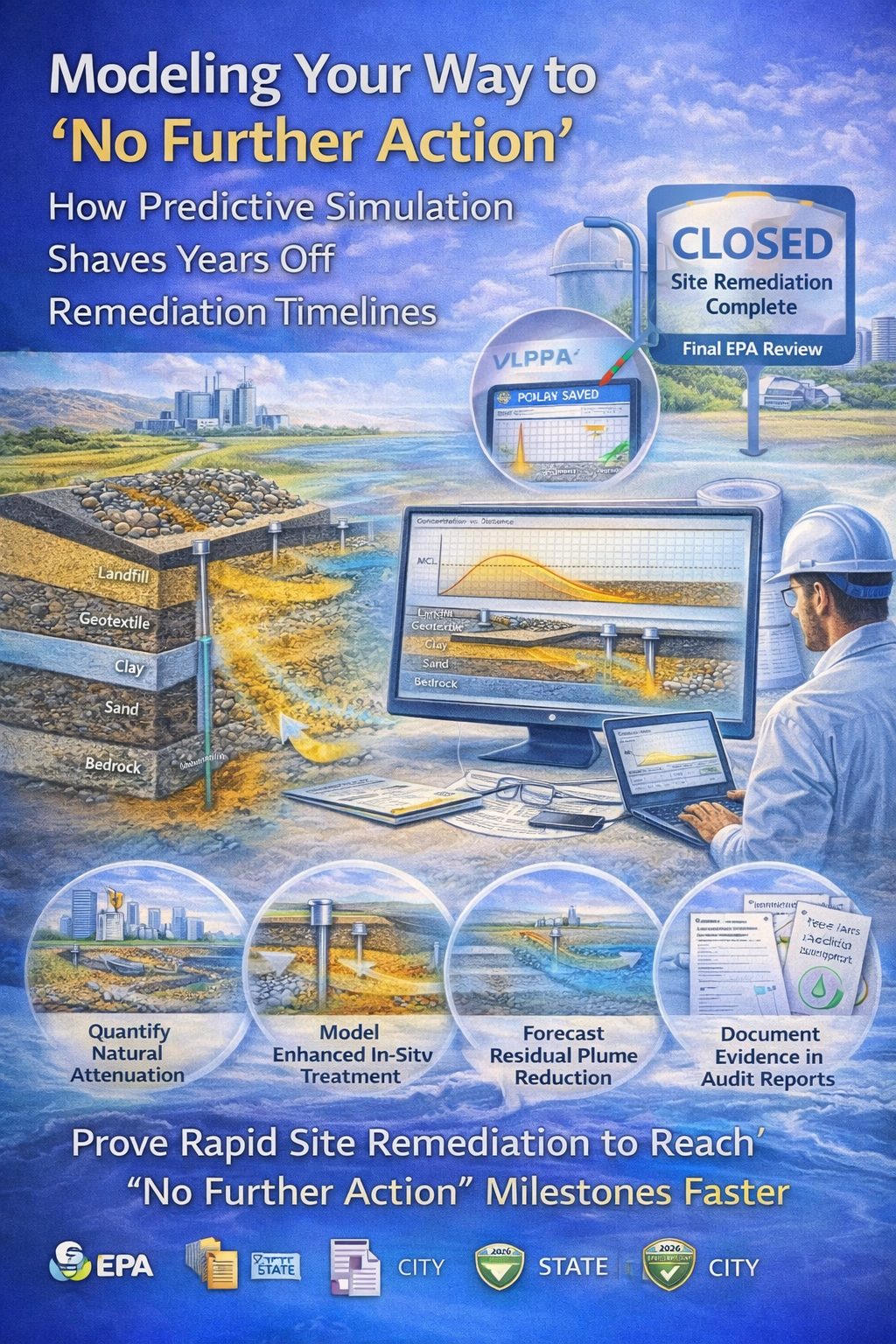 Predictive groundwater contaminant transport modeling used to accelerate site remediation and achieve No Further Action regulatory closure.