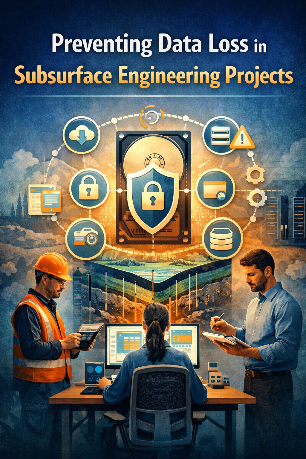 Preventing data loss in subsurface engineering projects showing secure data storage, backups, and geotechnical data protection systems