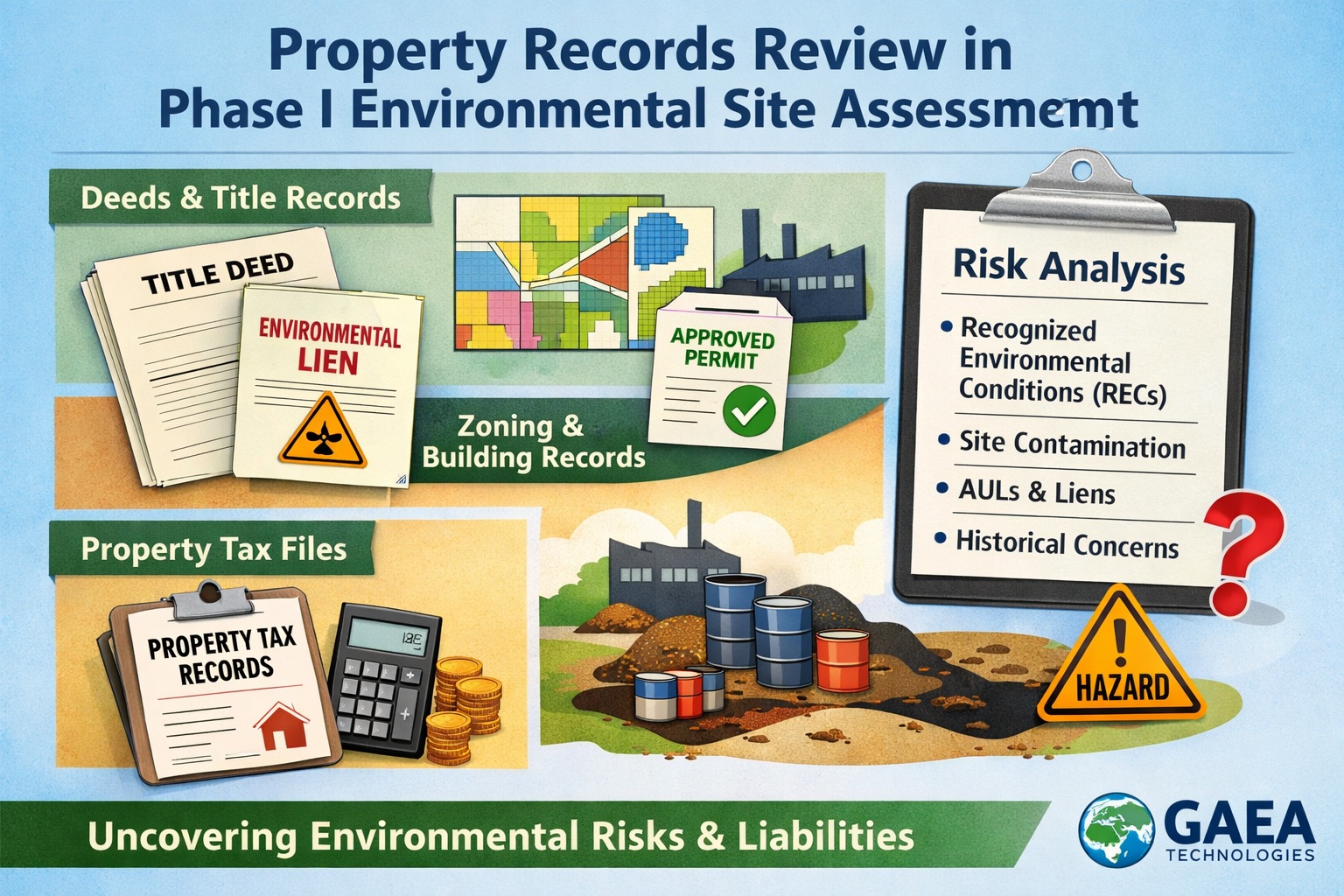 Property records review in Phase I Environmental Site Assessment showing deeds, environmental liens, zoning records, and risk analysis