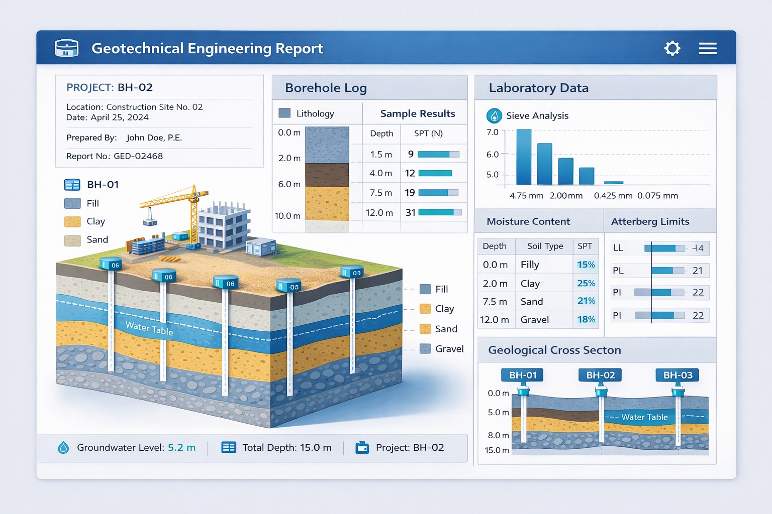 Engineering report with borehole logs and laboratory data tables