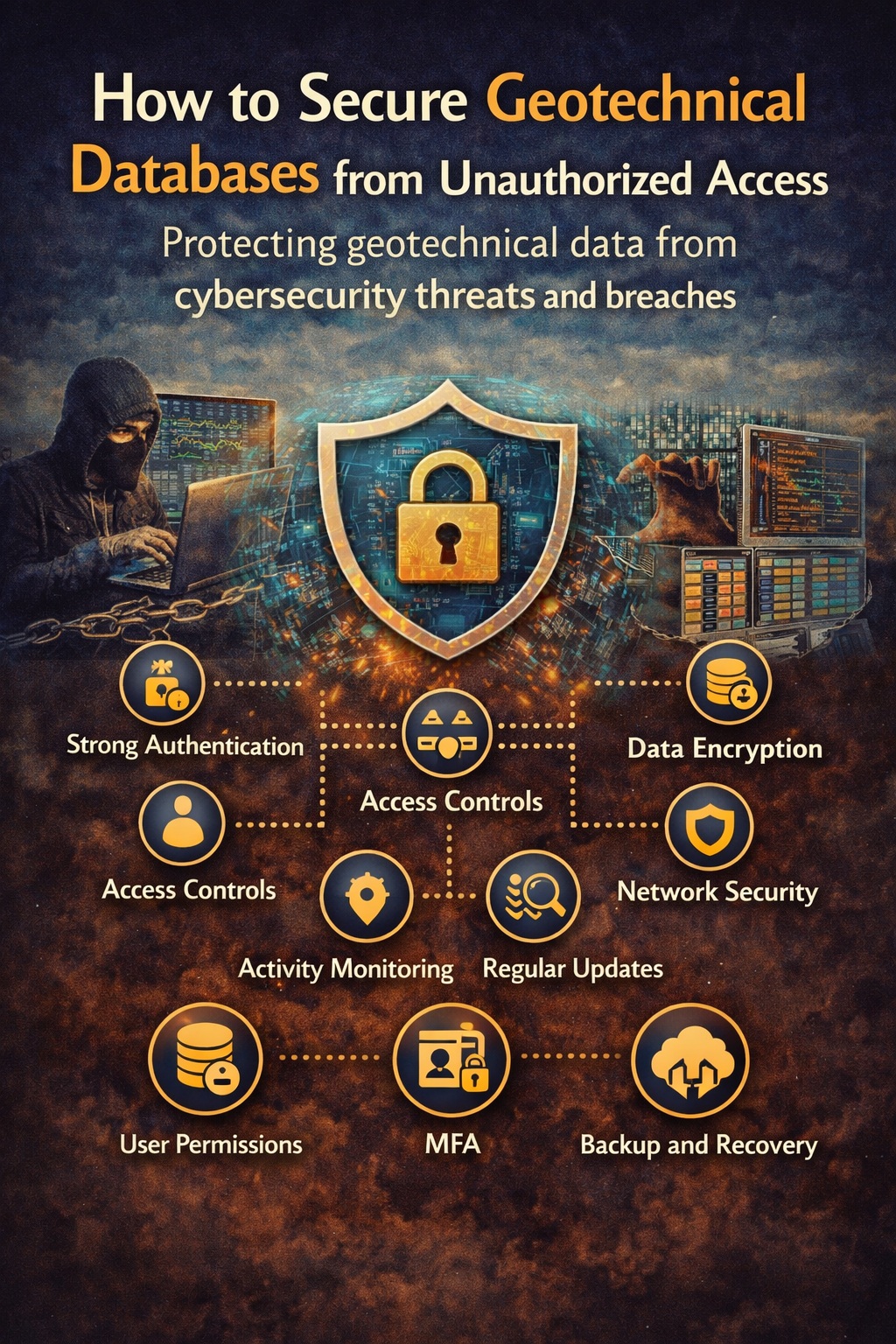 Securing geotechnical databases from unauthorized access showing encryption, access control, MFA, and cybersecurity protection systems