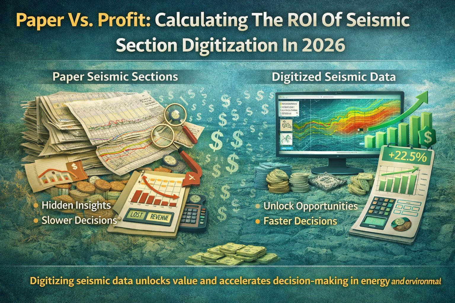 Comparison of paper seismic sections versus digitized seismic data showing return on investment and improved decision making from seismic digitization