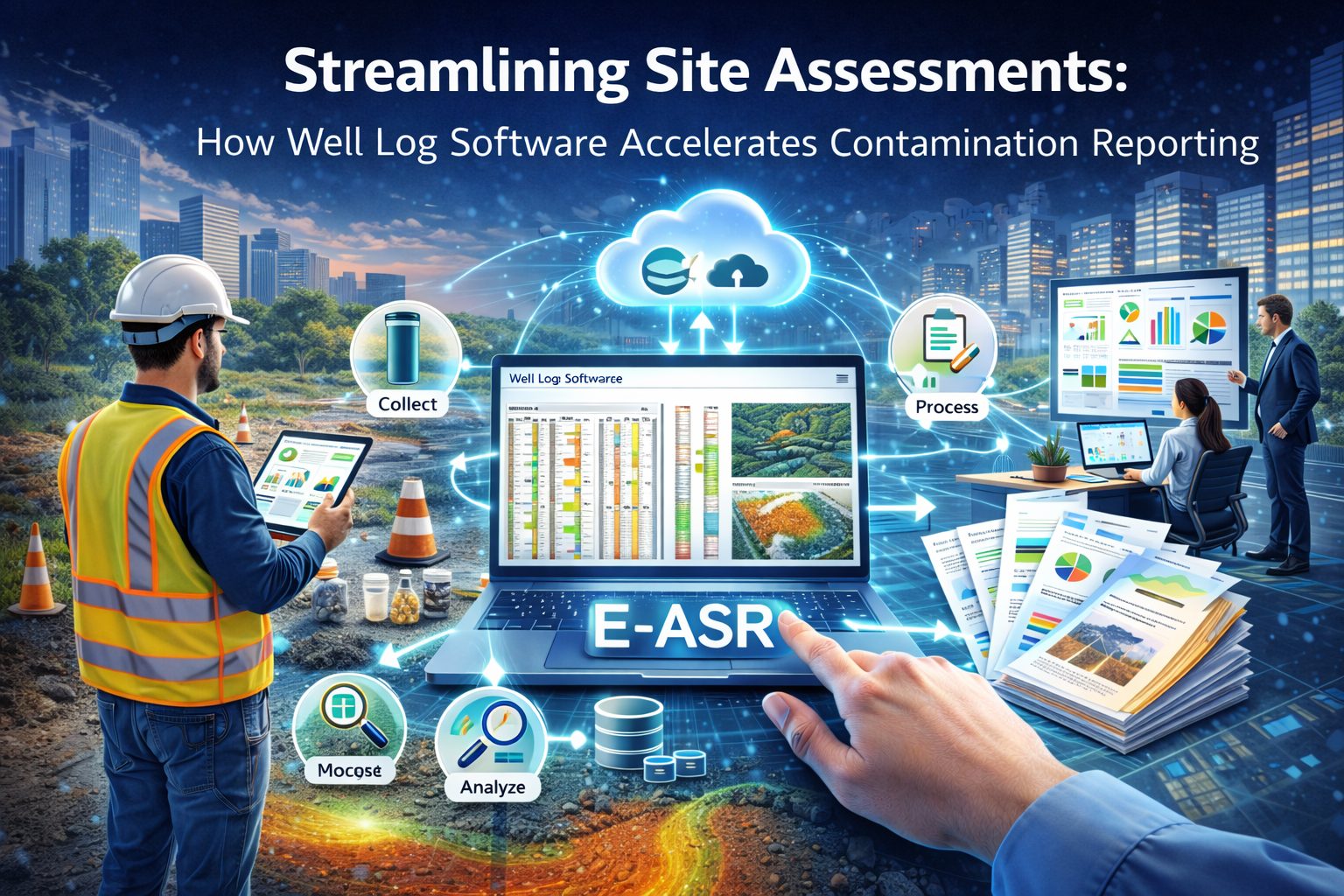 Illustration showing well log software used during environmental site assessments to analyze subsurface data and accelerate groundwater contamination reporting.