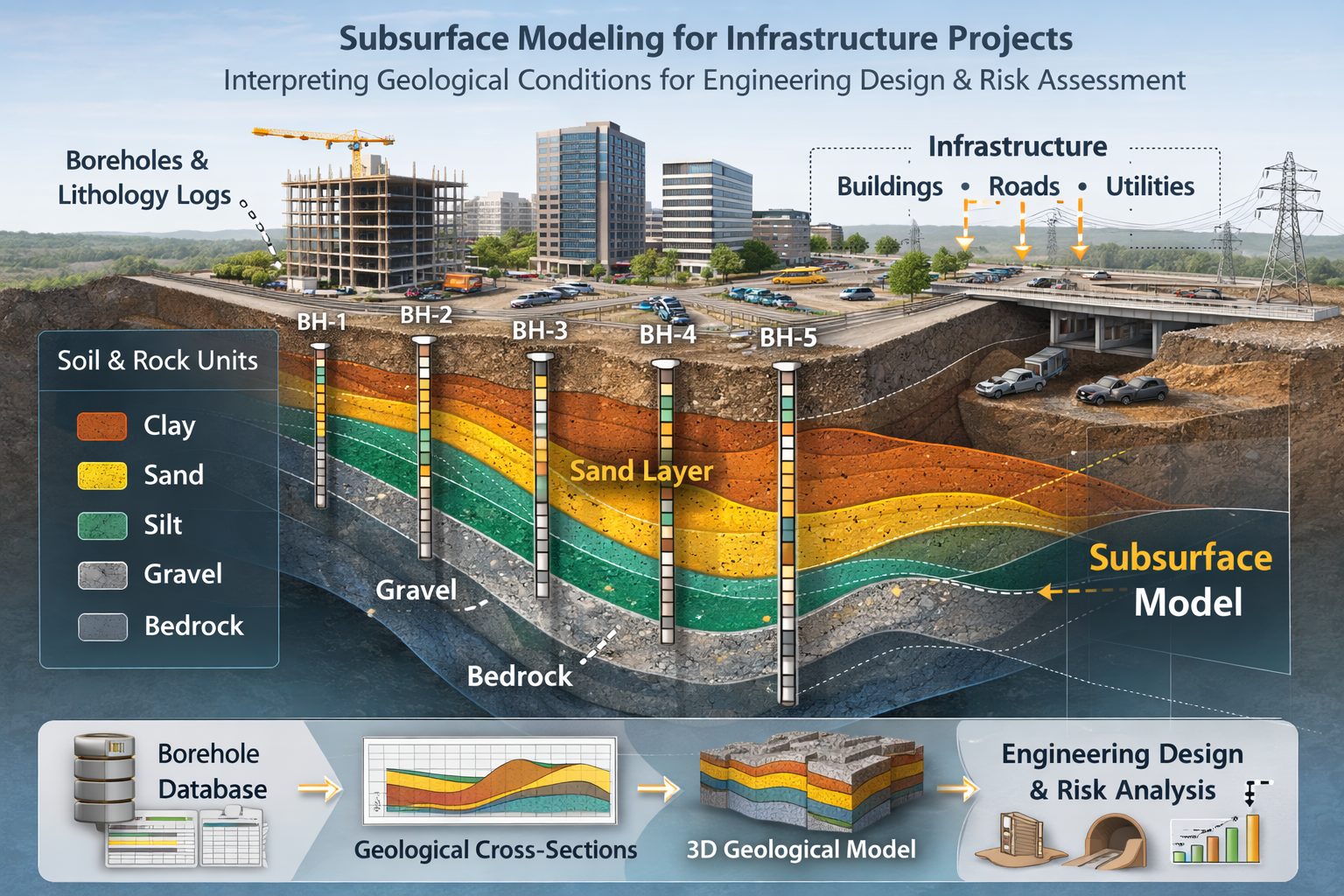 3D subsurface geological model beneath infrastructure showing boreholes, soil layers, and underground conditions used for engineering design and site investigation.