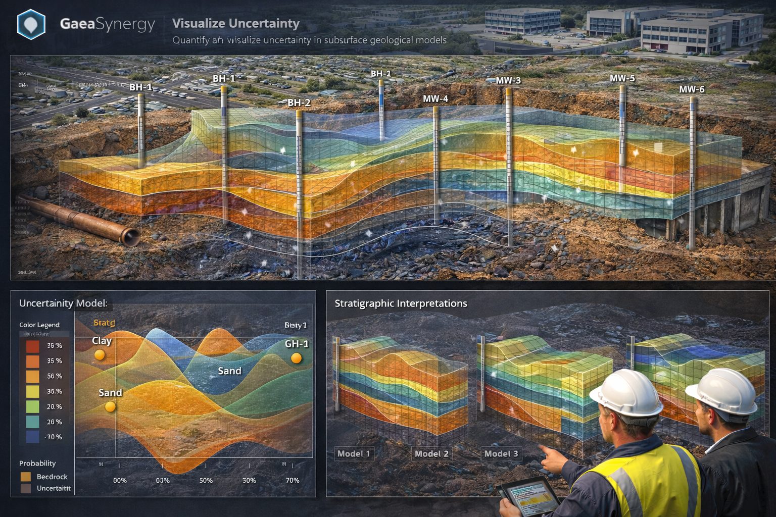 3D geological model showing uncertainty zones between boreholes with multiple possible subsurface interpretations.