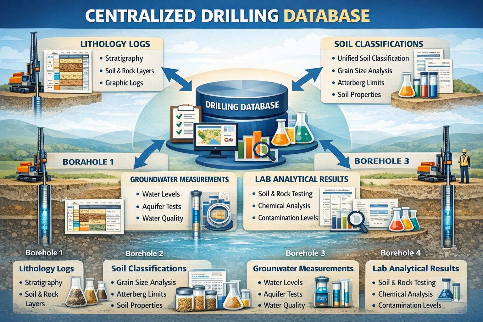 Infographic showing different types of borehole data including lithology logs, soil classifications, groundwater levels, and laboratory results.
