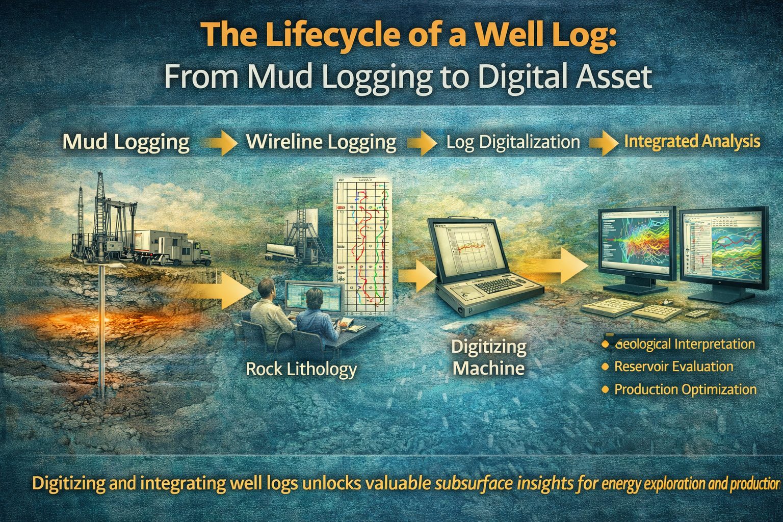 Lifecycle of a well log from mud logging and wireline logging to digitized well log data used for geological interpretation and reservoir analysis