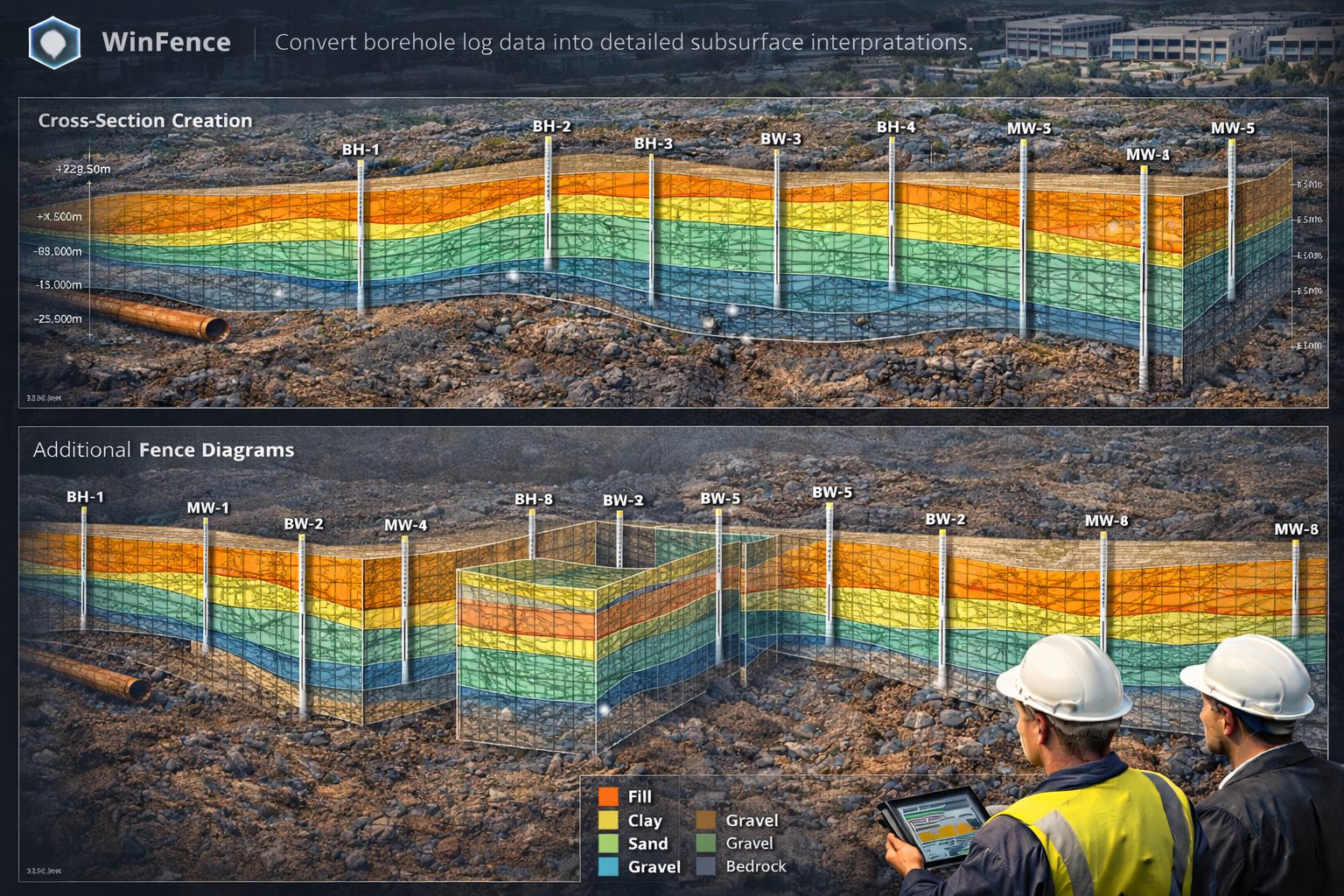Geological cross-section generated from borehole logs using WinFence cross-section software.