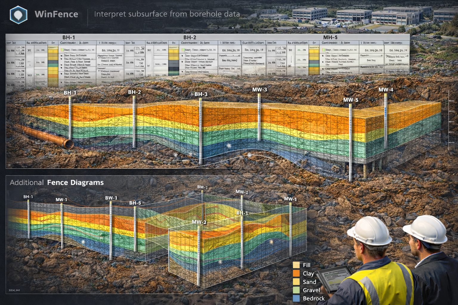 Geological cross-section and fence diagram generated from borehole data using WinFence software.