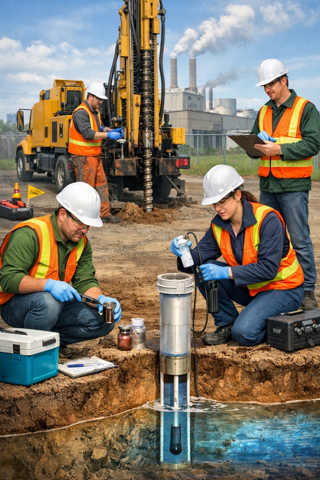 Phase II ESA soil and groundwater sampling with drilling rig and monitoring well at industrial site