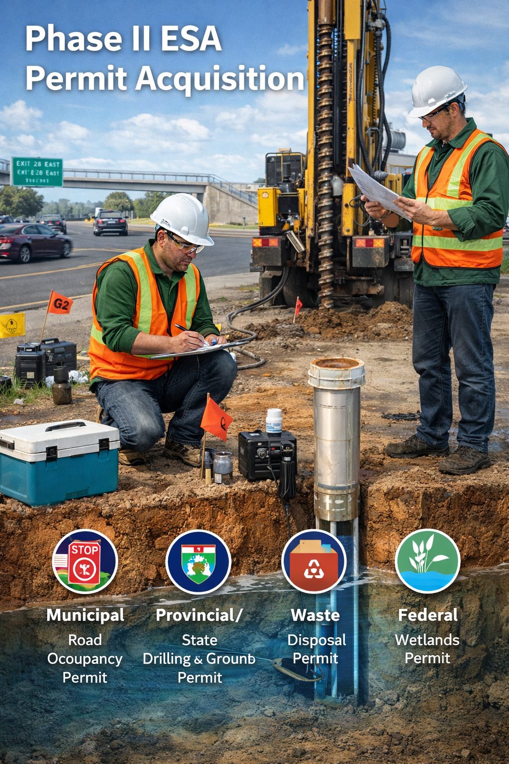 Phase II ESA permit acquisition showing drilling, groundwater monitoring well installation, and environmental compliance activities