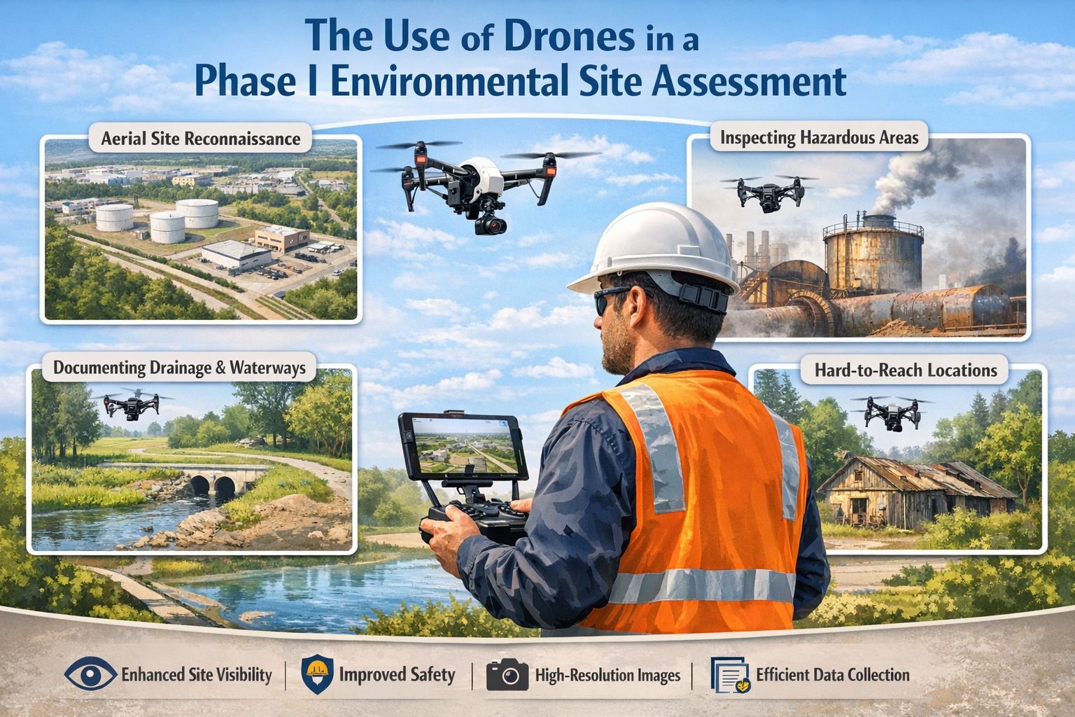 Environmental professional operating drone for aerial inspection during Phase I Environmental Site Assessment