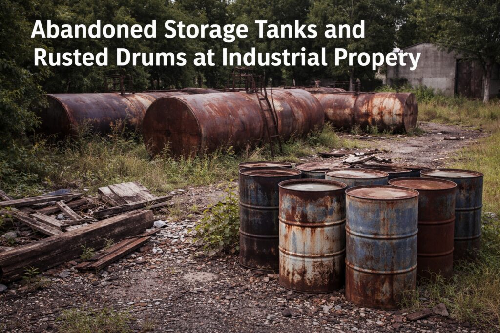 Abandoned storage tanks and rusted drums at industrial property indicating potential environmental contamination