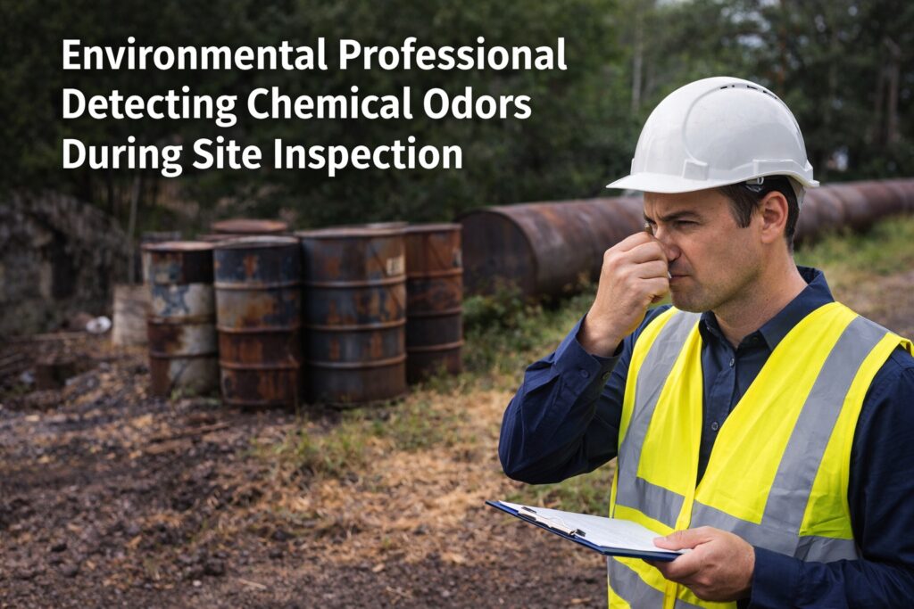 Environmental professional detecting chemical odors during a Phase I ESA site inspection at an industrial property