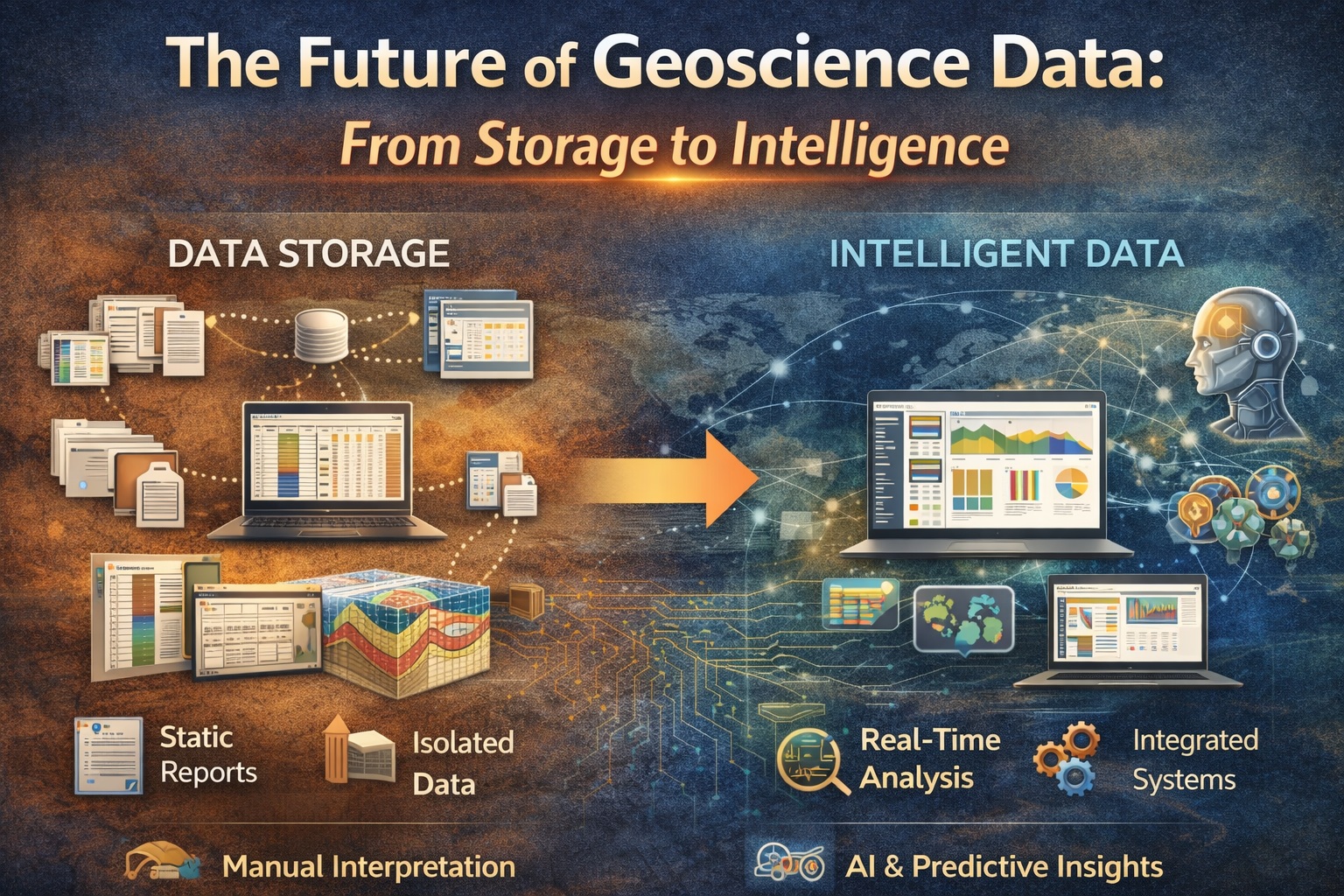 Infographic showing evolution of geoscience data from static storage and isolated systems to intelligent platforms with real-time analysis, AI insights, and integrated data workflows