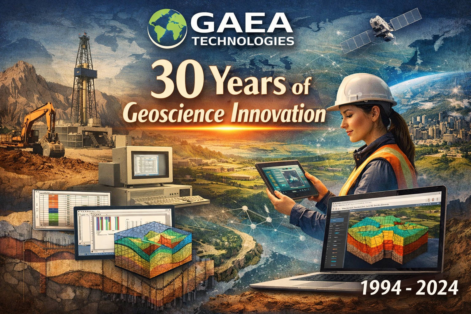 GAEA Technologies 30 years of geoscience innovation illustration showing evolution from early drilling and desktop software to modern 3D geological modeling and digital platforms