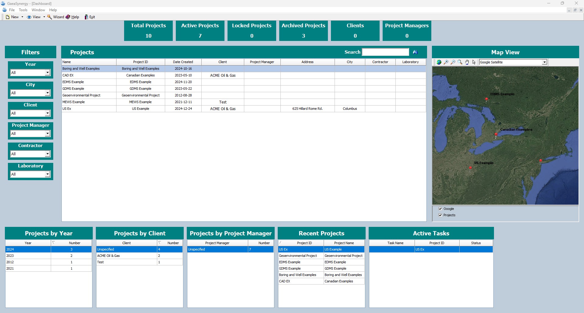 GaeaSynergy dashboard showing project list, interactive map, filters, and analytics by client, year, and project manager