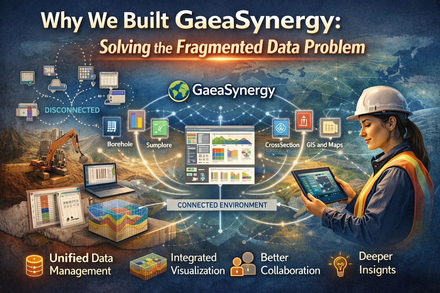 GaeaSynergy platform illustration showing transition from fragmented geoscience data systems to a unified environment with integrated borehole, GIS, cross-section, and data visualization tools