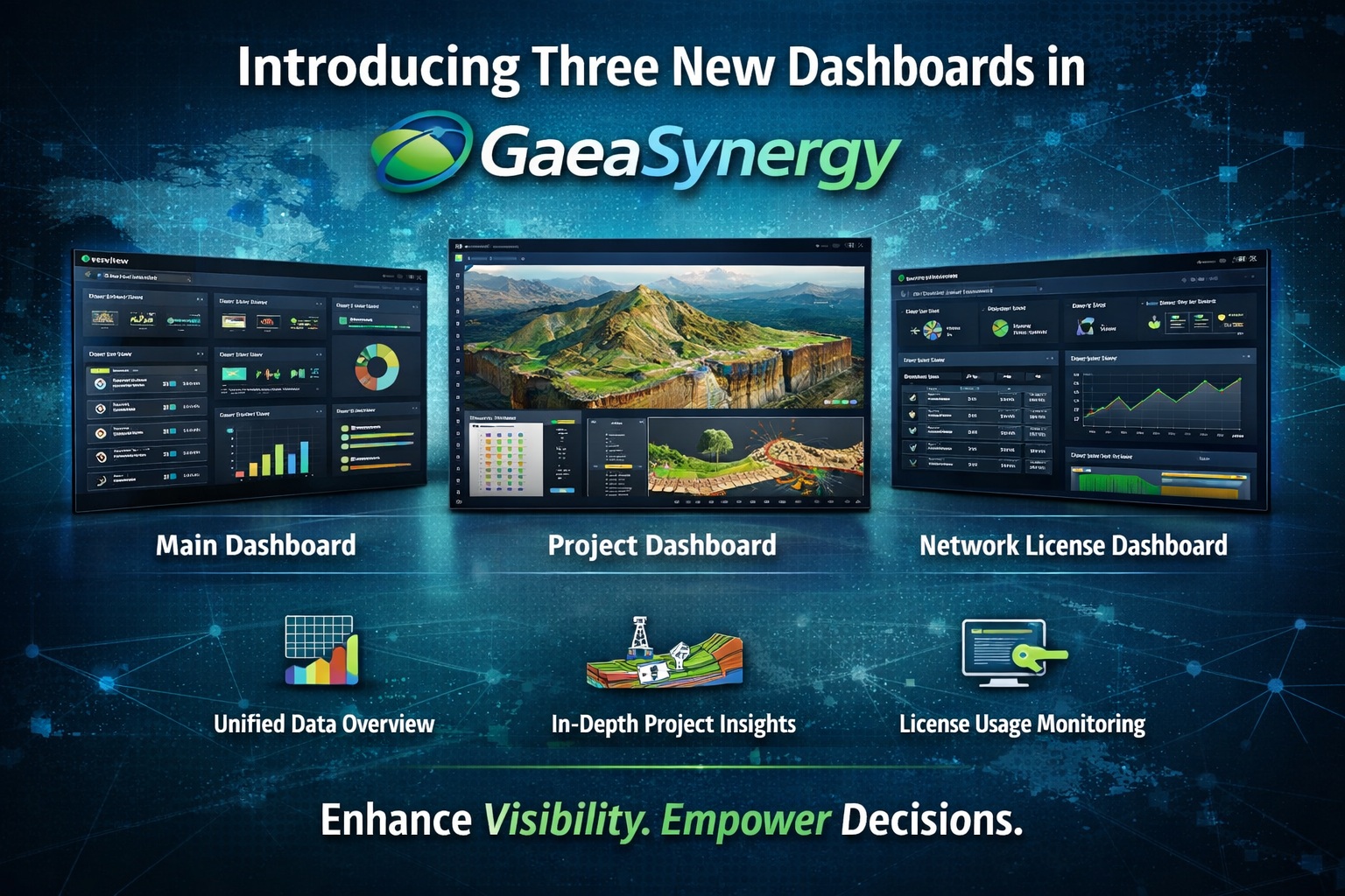 GaeaSynergy new dashboards showing Main Dashboard, Project Dashboard, and Network License Dashboard with data visualization and geoscience insights