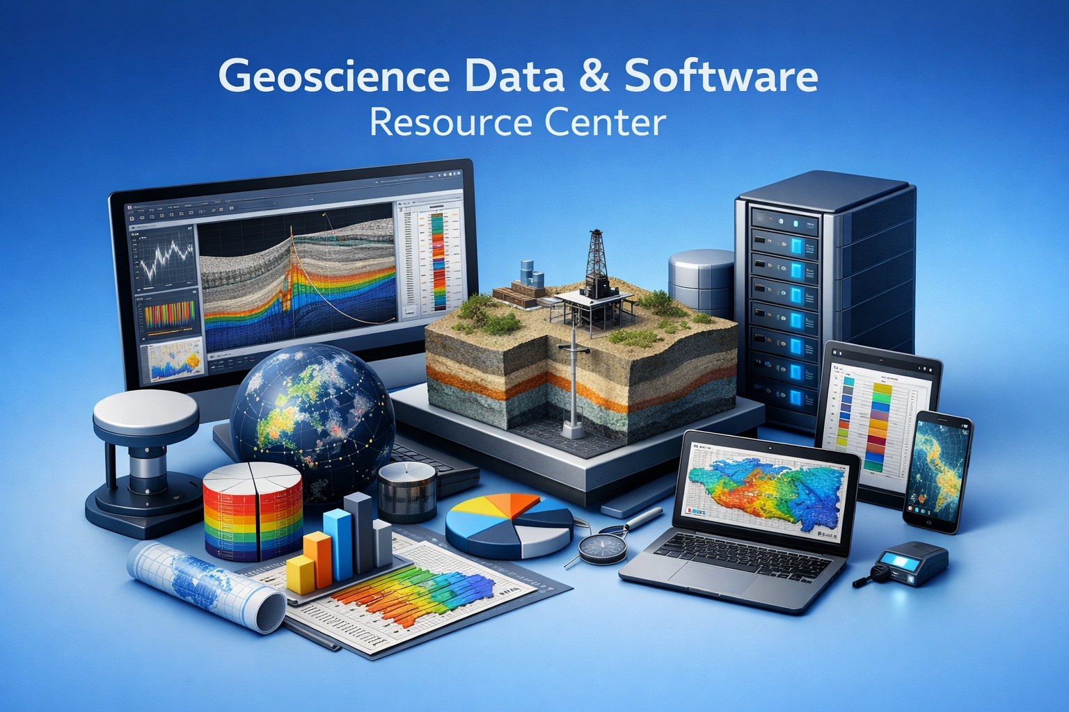 Photorealistic 3D illustration of a geoscience data and software resource center with digital subsurface visualization and modern engineering interface