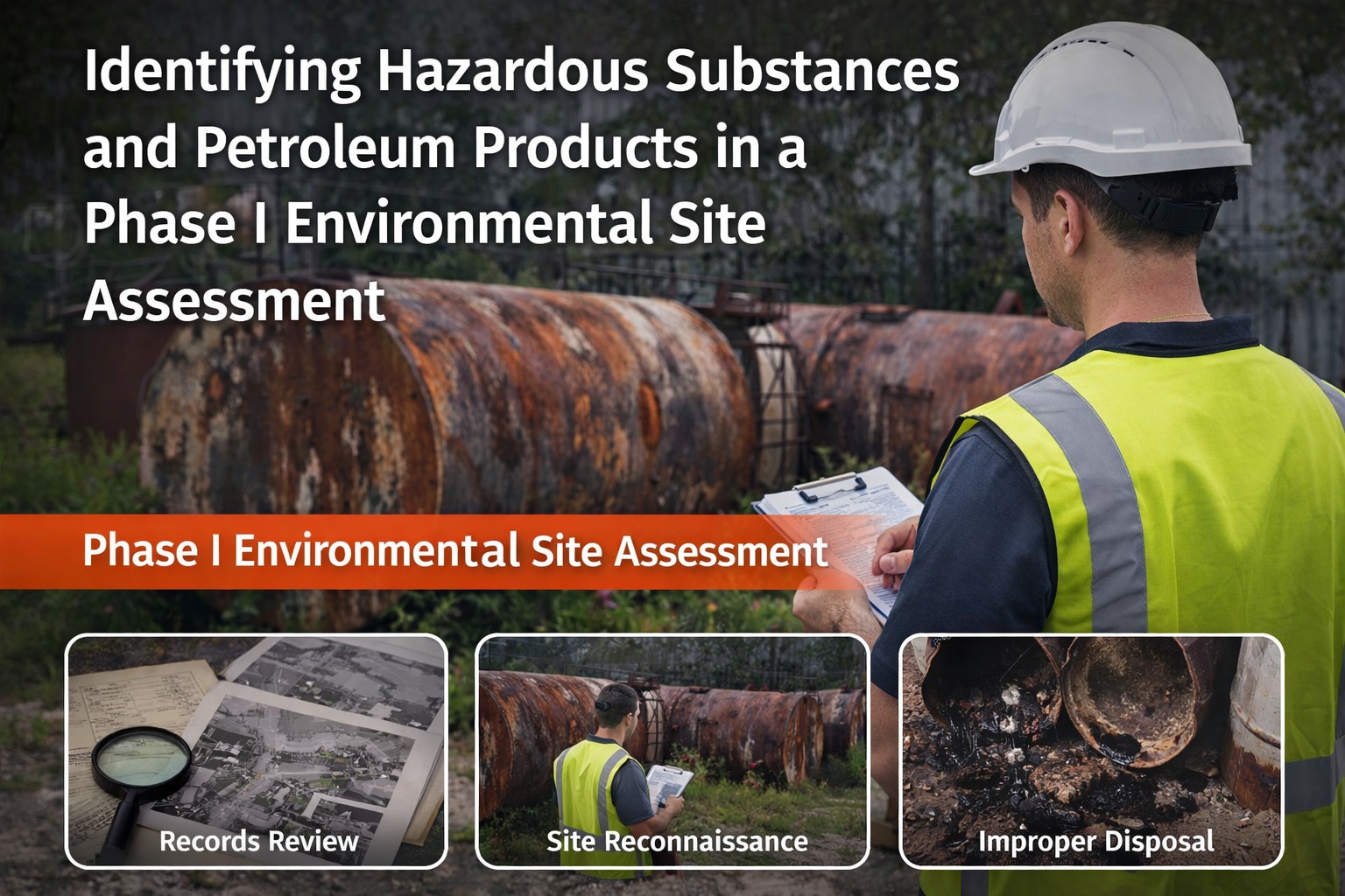 Environmental professional inspecting storage tanks during a Phase I ESA to identify hazardous substances and petroleum products