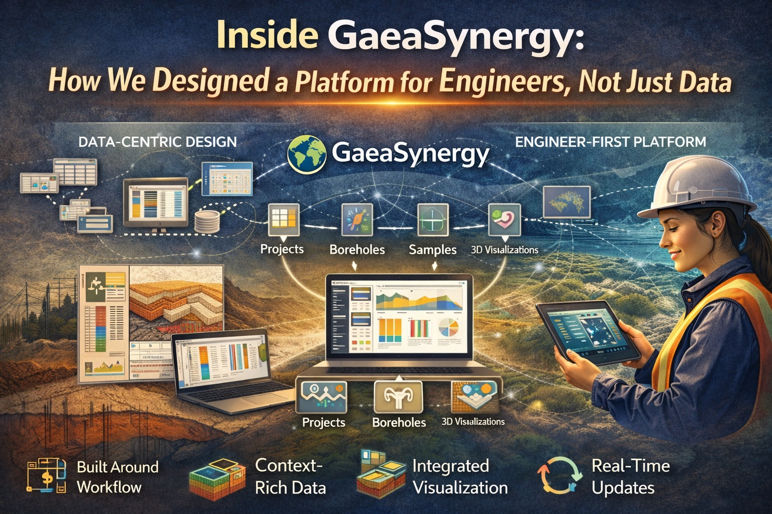 GaeaSynergy engineer-first platform illustration showing transition from data-centric software to integrated geoscience workflows with boreholes, samples, 3D visualization, and real-time updates