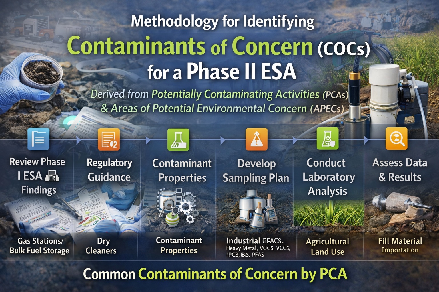 Infographic showing methodology for identifying contaminants of concern in Phase II Environmental Site Assessment including Phase I review, regulatory guidance, sampling plan, laboratory analysis, and data assessment