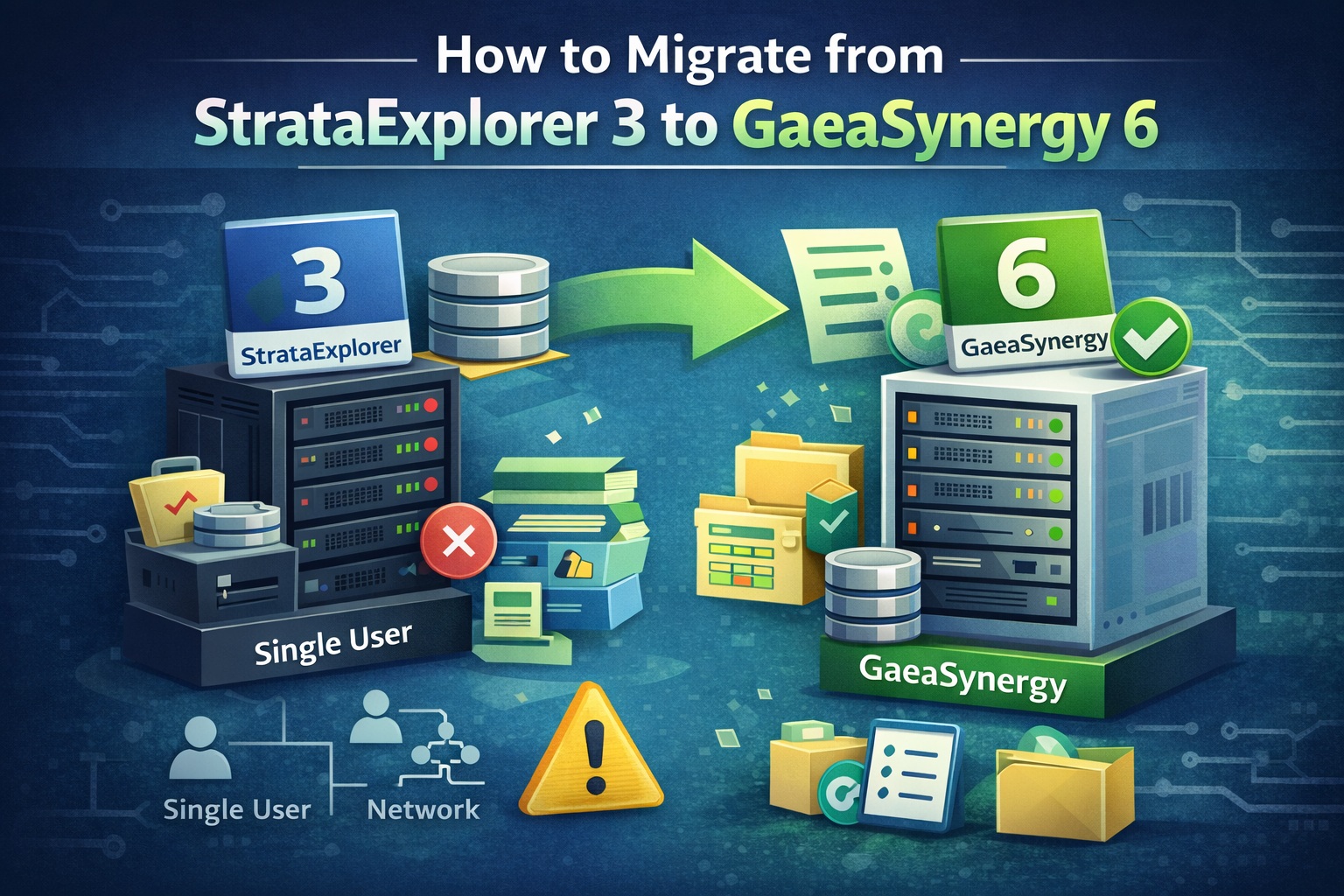 Migrate StrataExplorer 3 to GaeaSynergy 6 showing data transfer, upgrade process, and single user vs network setup
