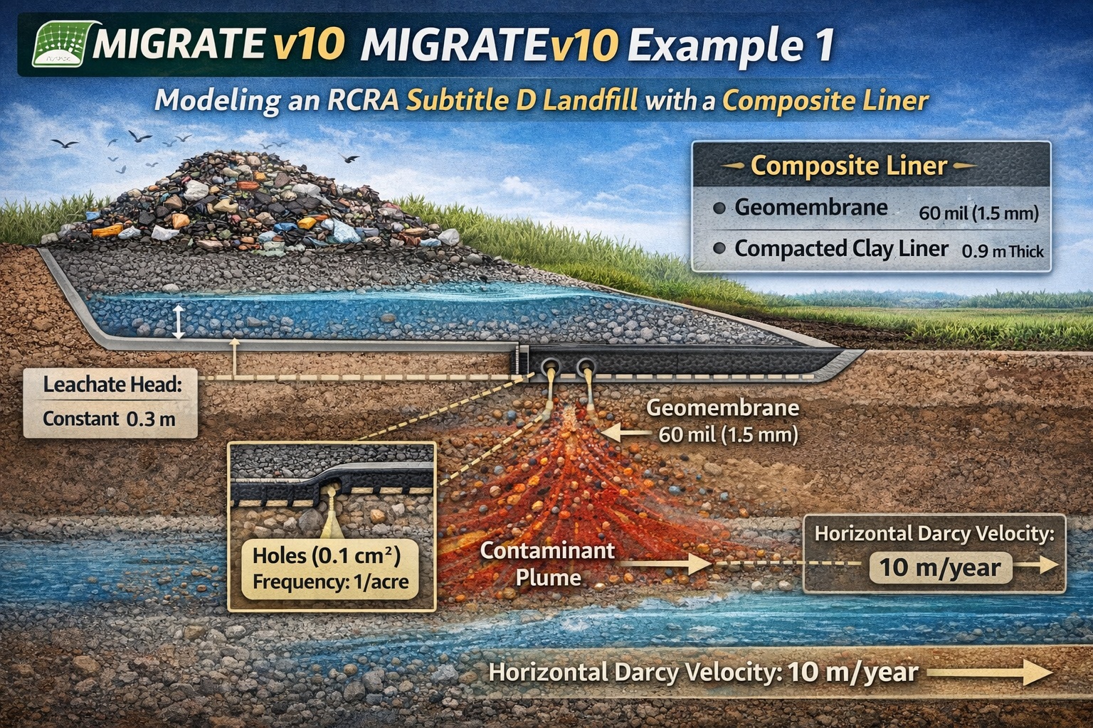 RCRA Subtitle D landfill composite liner system showing geomembrane defects and contaminant leakage into aquifer