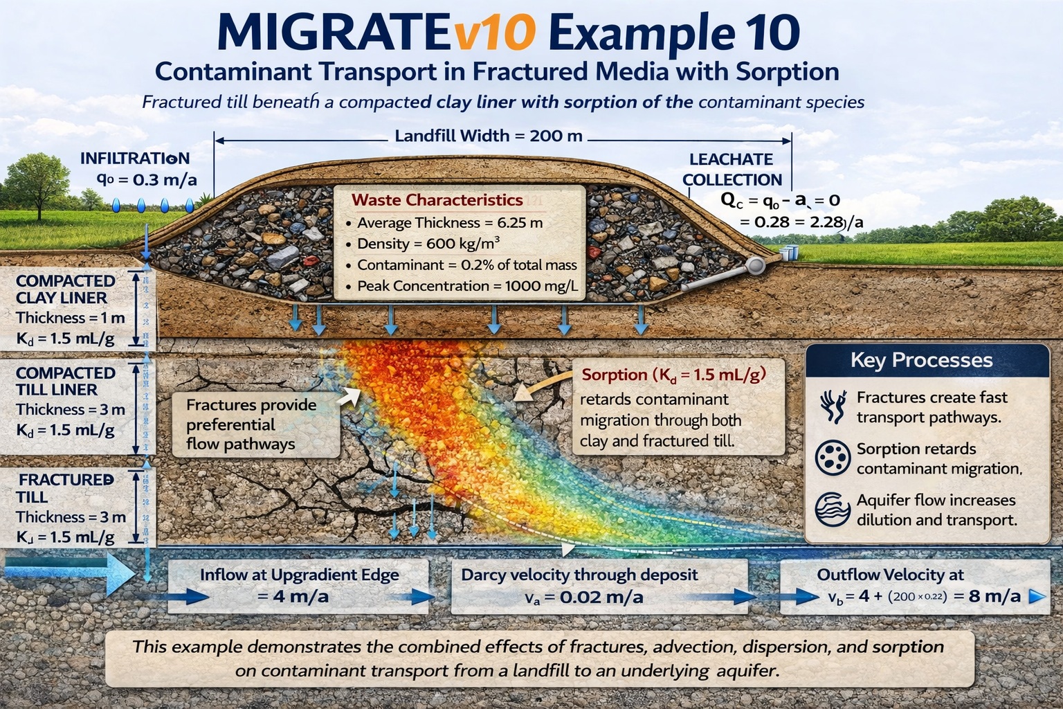 Contaminant transport through fractured till and clay liner showing sorption and plume migration into aquifer