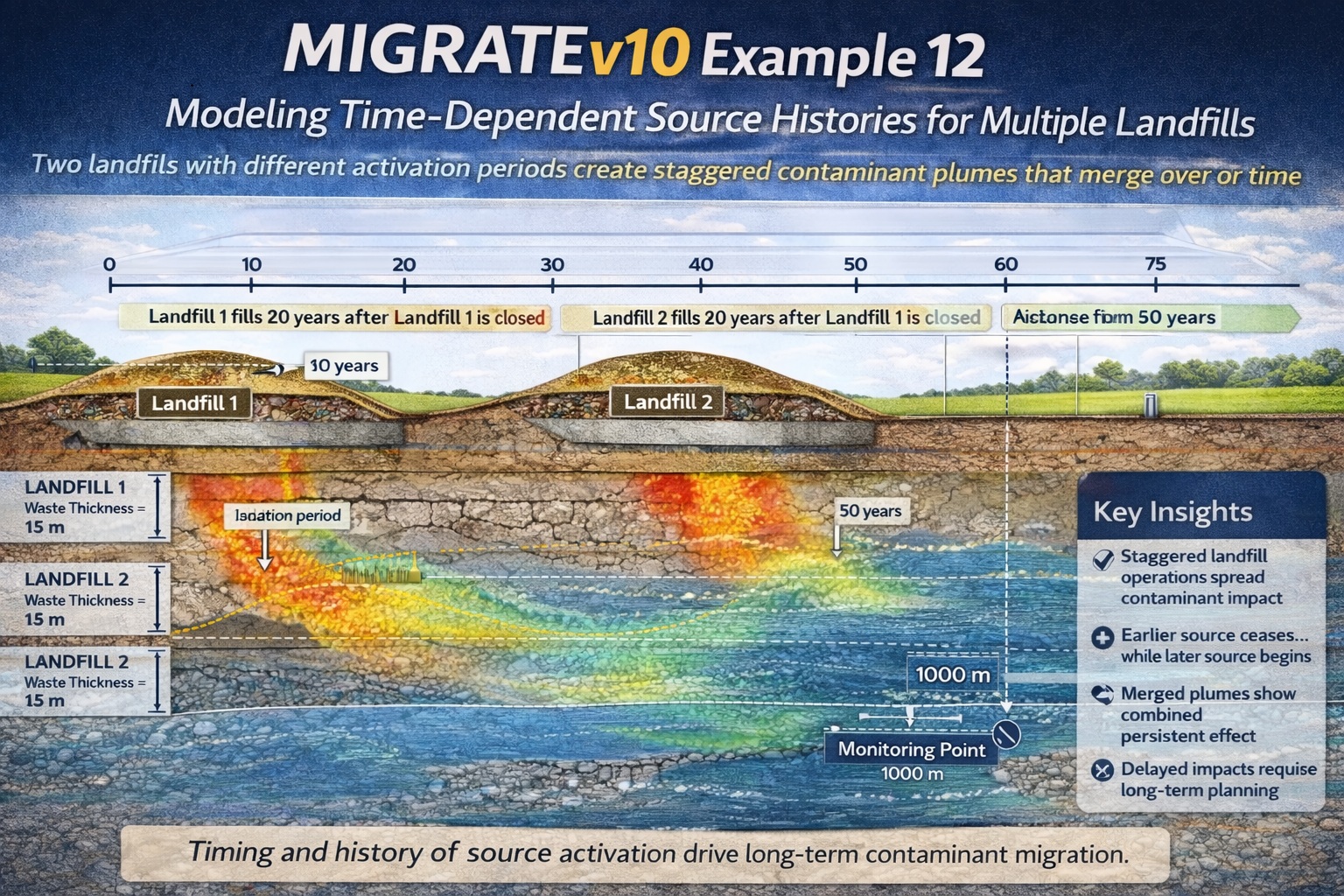 Two landfill contaminant sources with different timelines showing delayed plume interaction and concentration changes over time