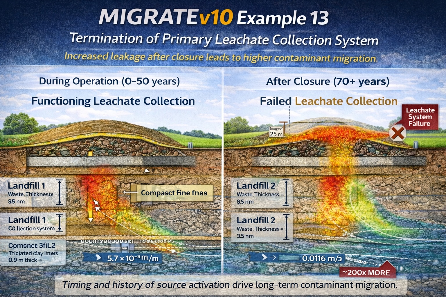 Landfill showing increasing leachate mound and contaminant leakage after leachate collection system failure