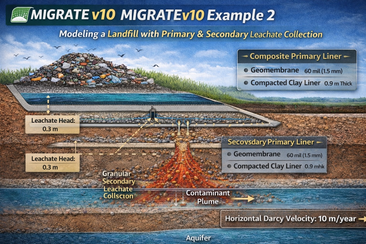 Landfill double liner system with primary and secondary leachate collection and aquitard showing contaminant transport