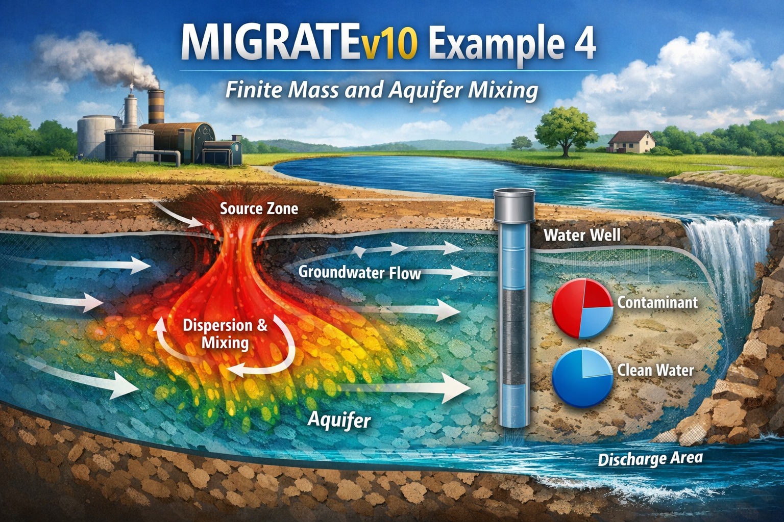 Finite mass contaminant transport from landfill through aquitard into aquifer with mixing and base outflow velocity