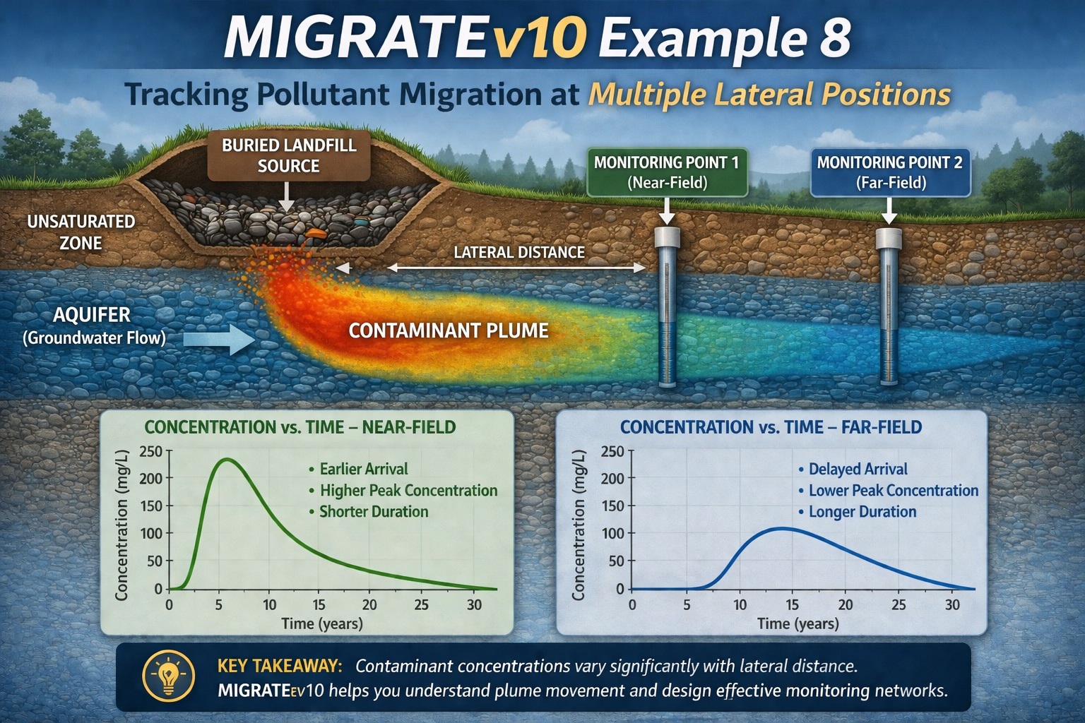 Contaminant plume migrating from landfill showing concentration at multiple lateral positions in groundwater