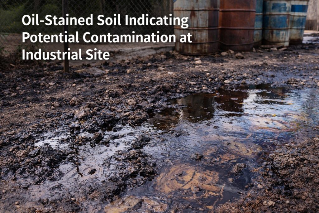 Oil-stained soil with visible hydrocarbon sheen indicating potential contamination at an industrial site