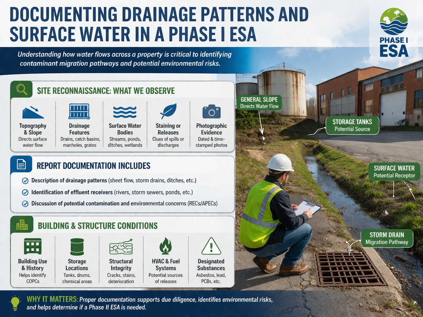 Environmental professional documenting drainage patterns and surface water during Phase I ESA site inspection near storm drain and industrial tanks