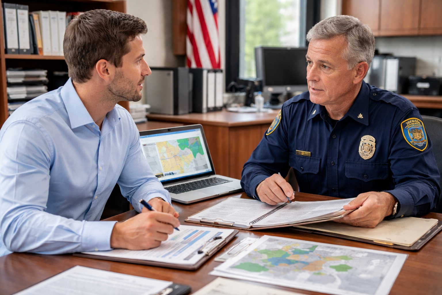Environmental consultant interviewing municipal government official for Phase I ESA to review permits, violations, and site history