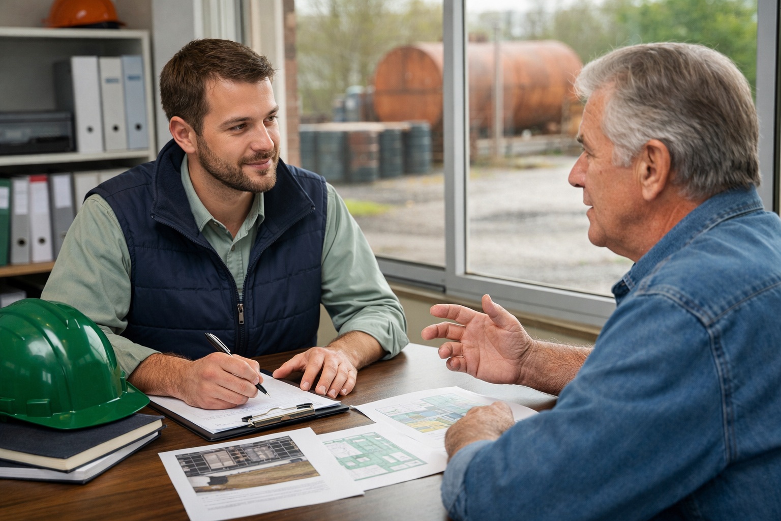 Environmental consultant conducting Phase I ESA interview with property owner discussing site history and potential contamination