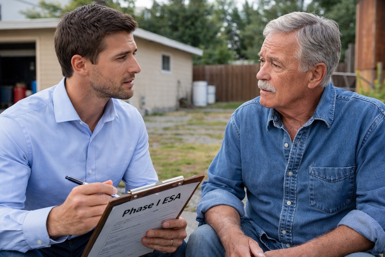 Environmental consultant interviewing neighboring property occupant during Phase I ESA to gather site history and environmental observations