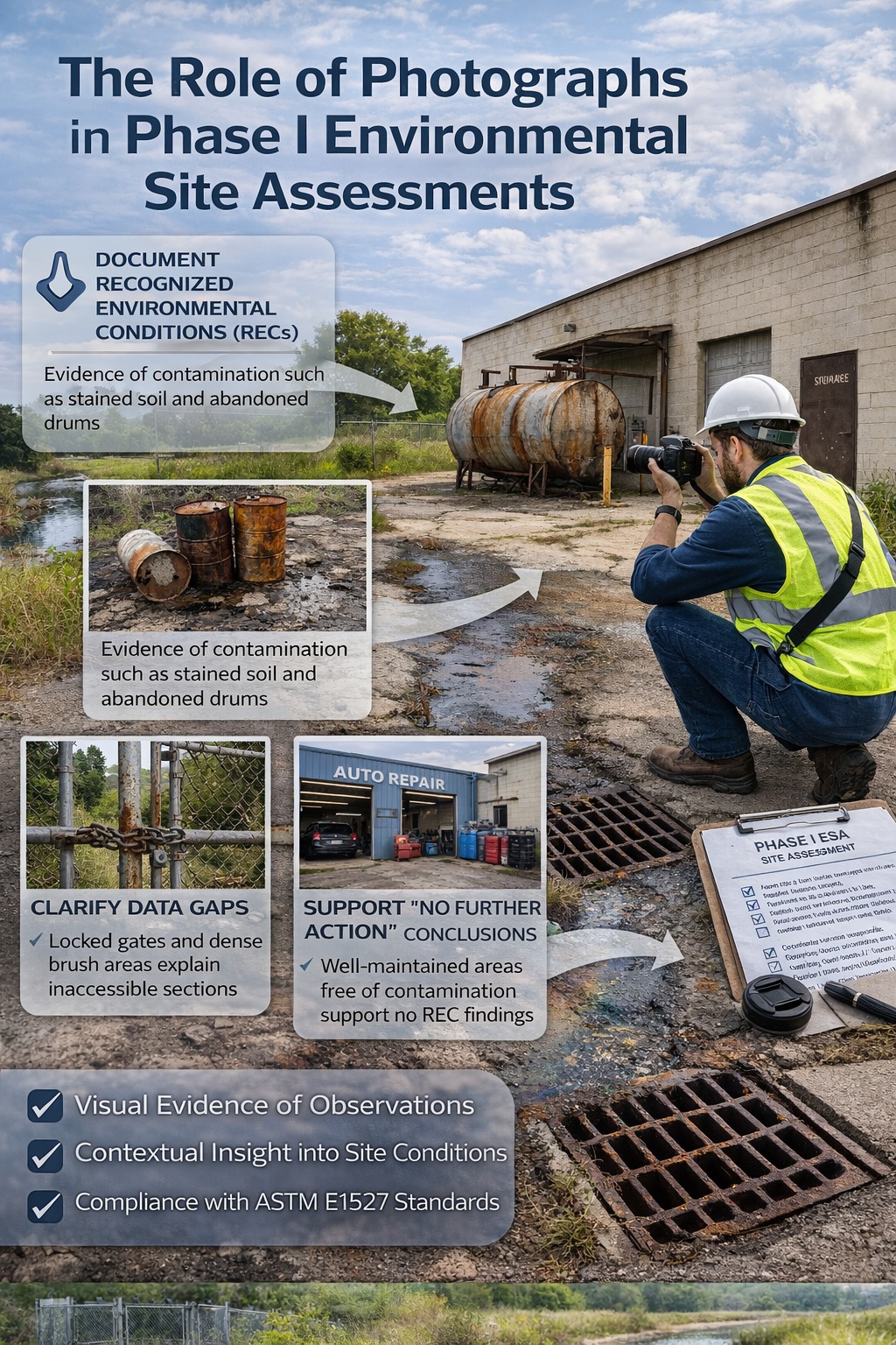 Environmental professional taking photographs during Phase I ESA to document site conditions and potential contamination