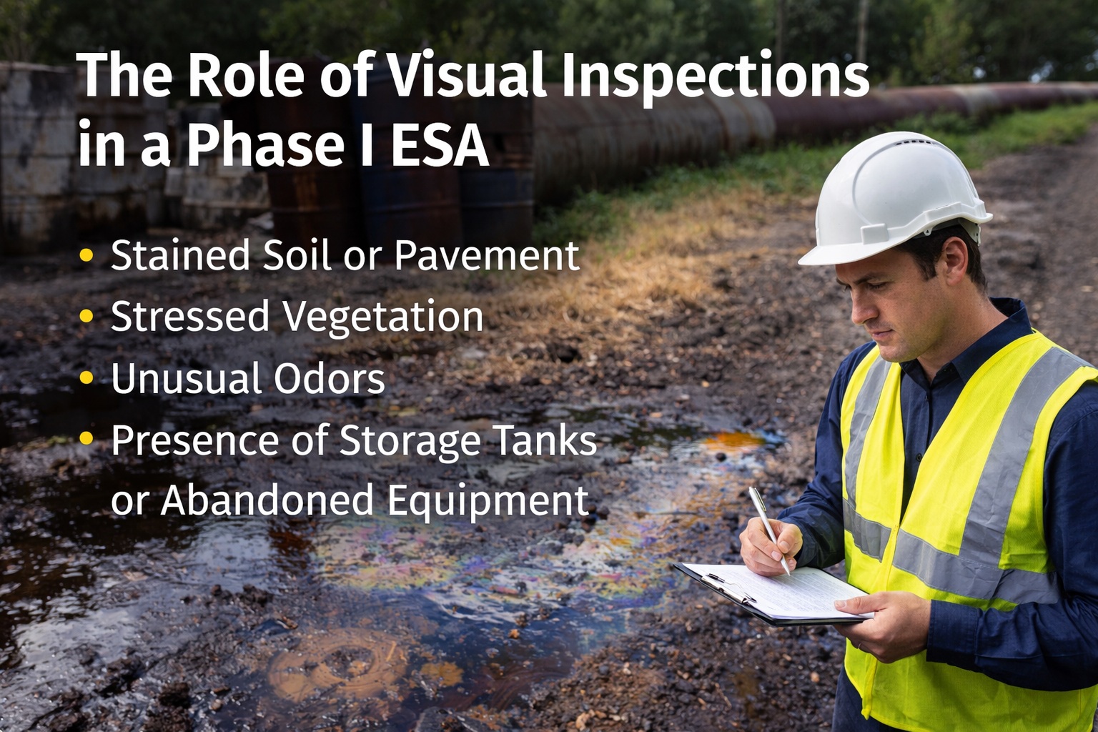 Environmental professional conducting visual inspection during a Phase I ESA identifying stained soil, vegetation stress, and storage tanks